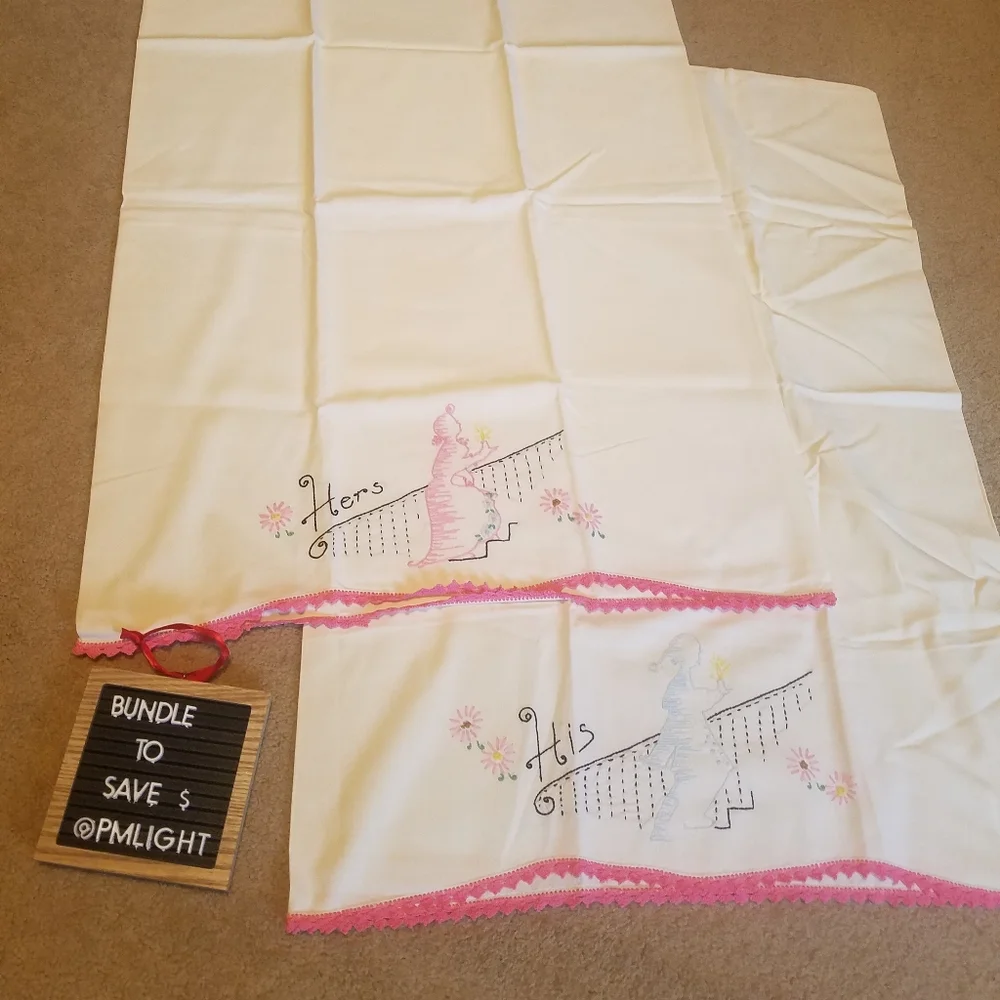 Vintage Pillowcases Set of 2 His & Hers Handmade